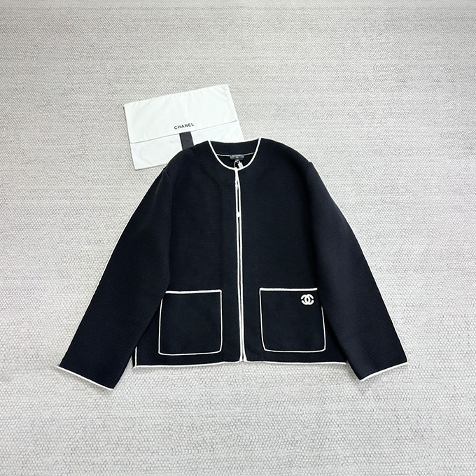 chanel contrast piping open front knit cardigan